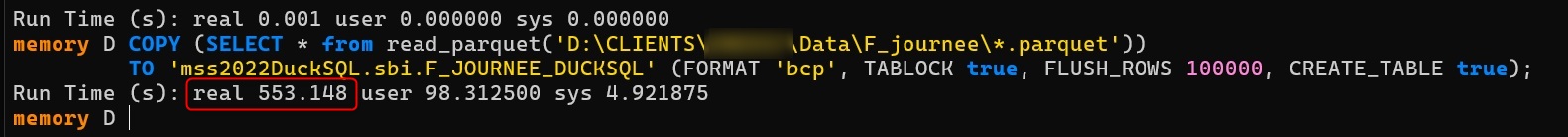DuckDB load time — 553 seconds in CREATE_TABLE mode