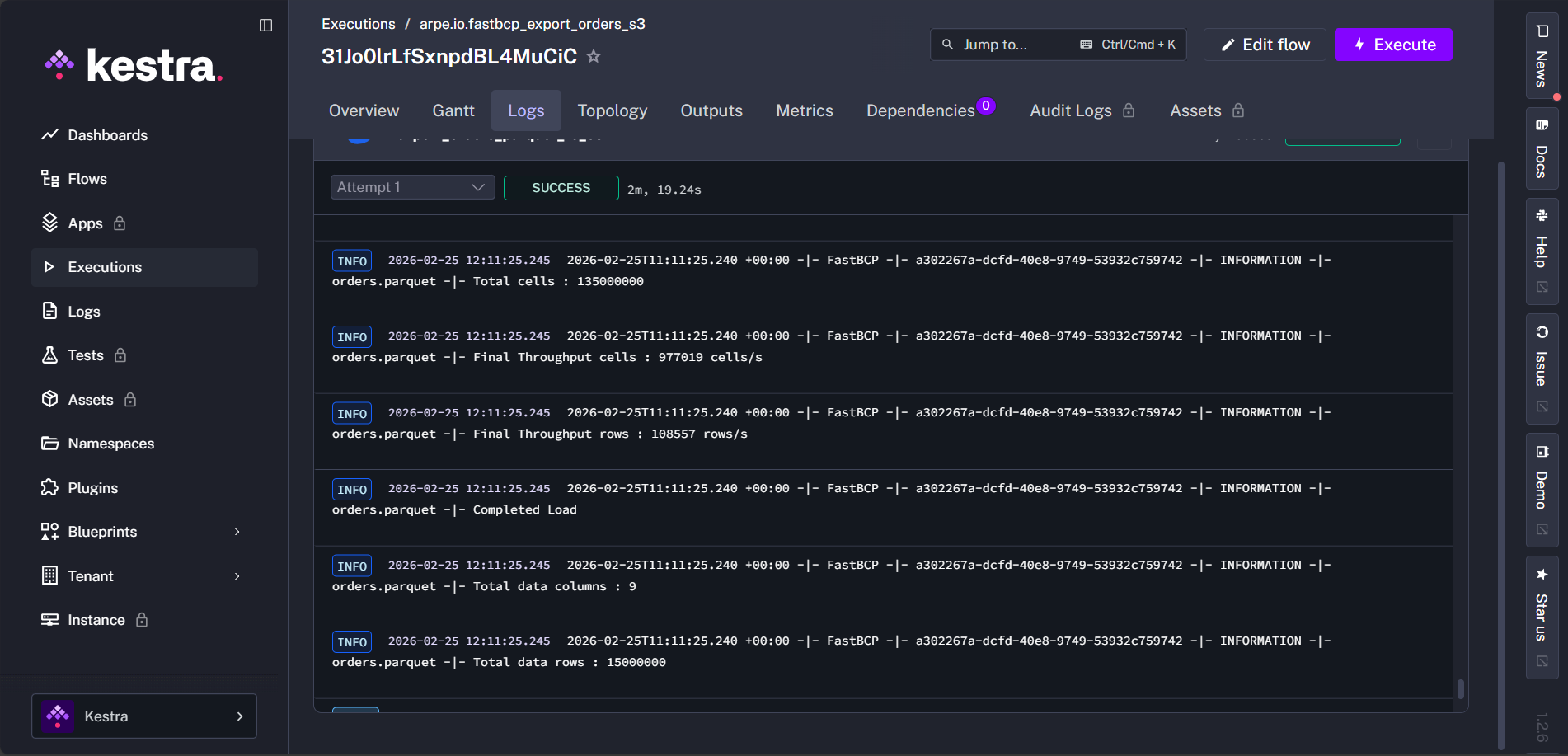 FastBCP export summary in logs