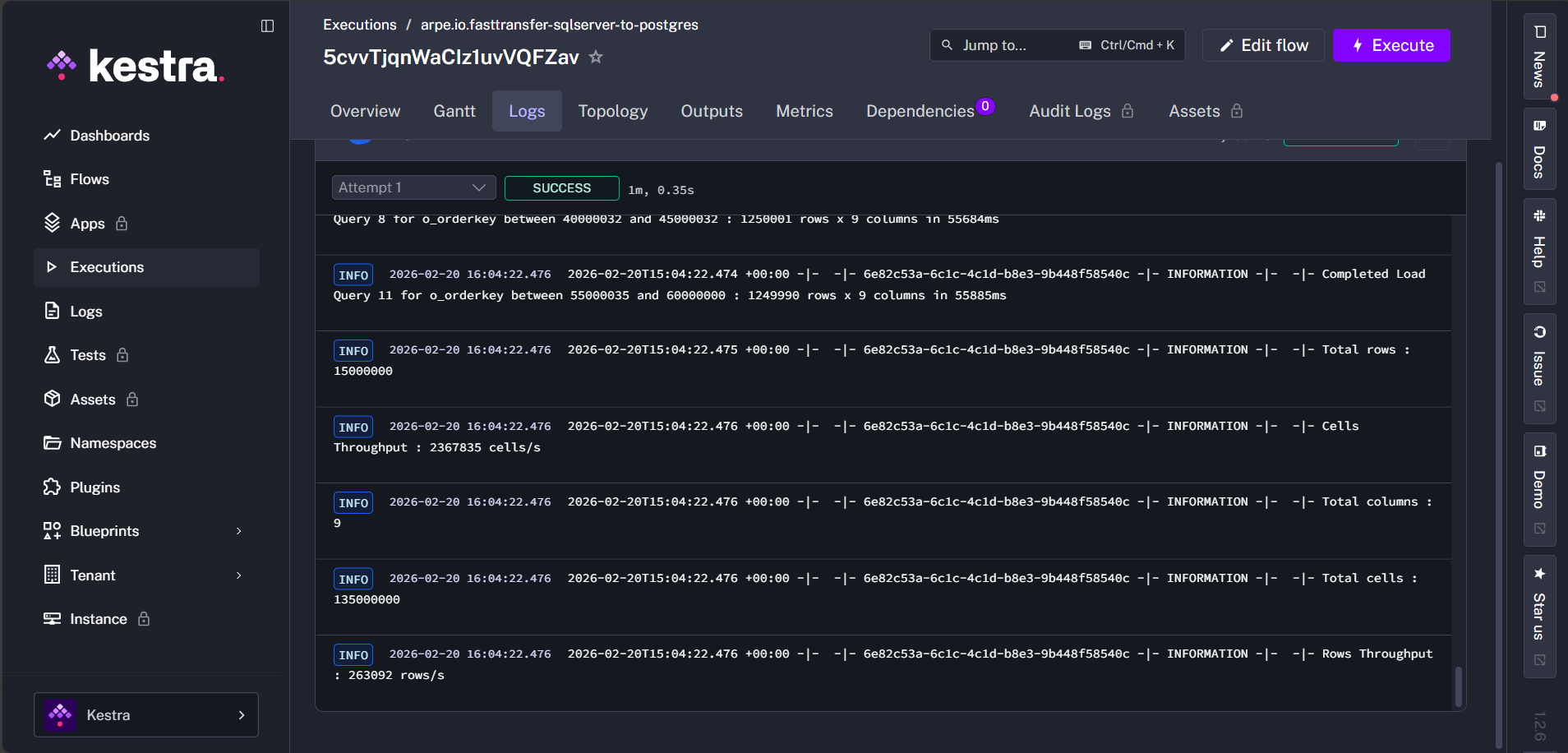 FastTransfer transfer summary in logs