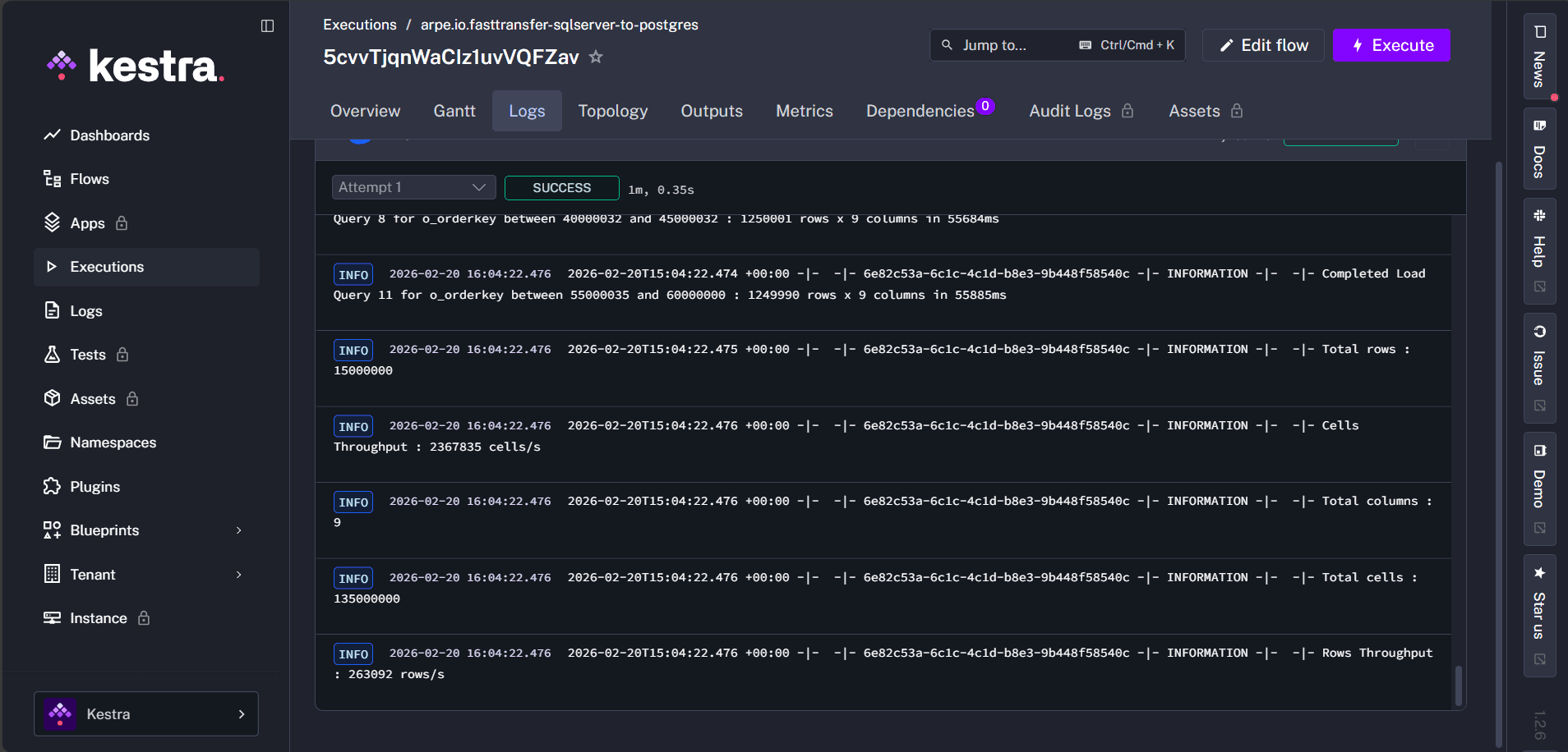 FastTransfer transfer summary in logs