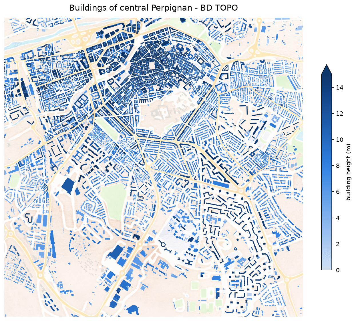 Buildings of central Perpignan colored by height
