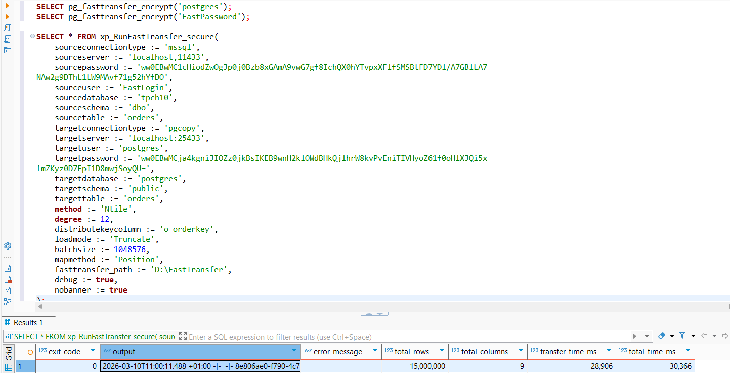 pg_fasttransfer execution result