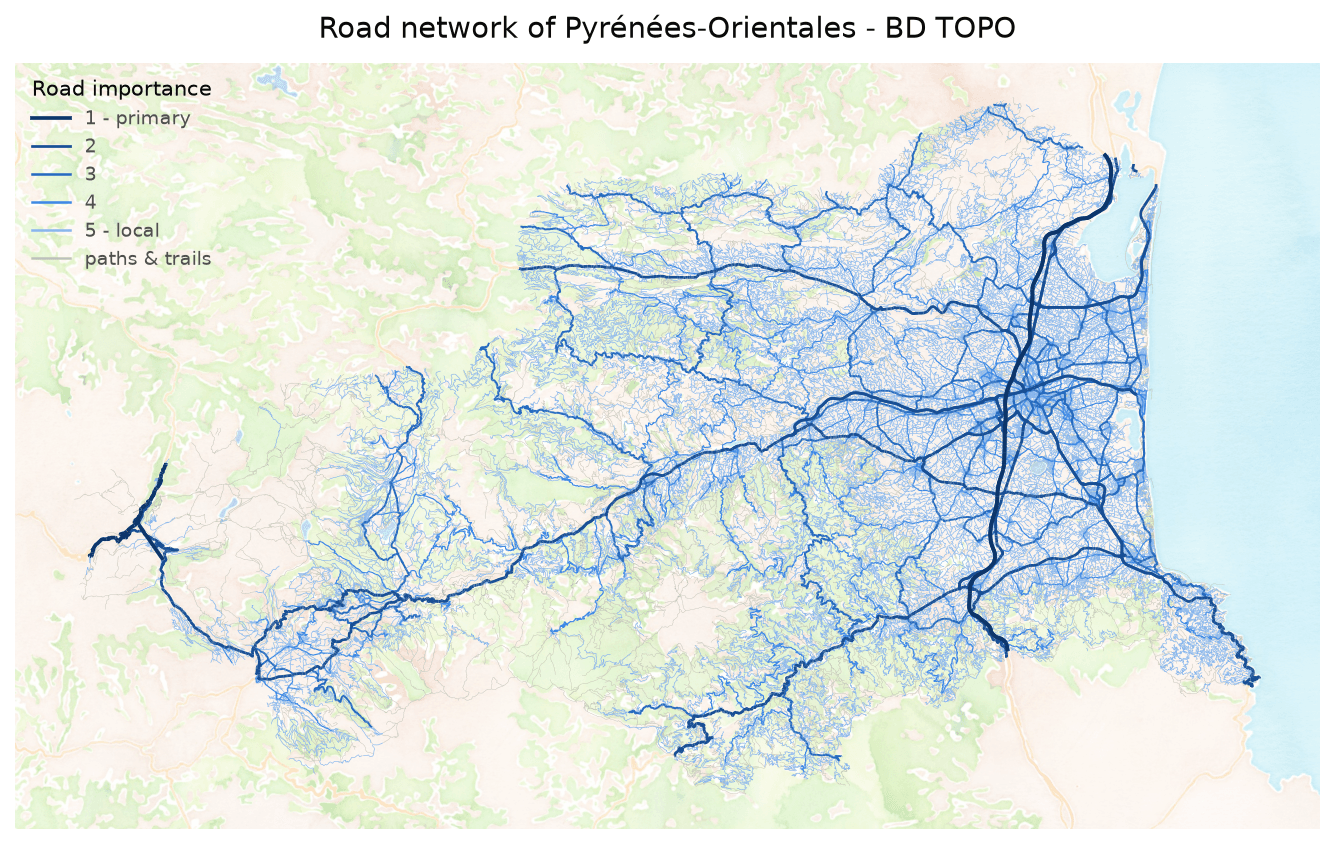 Road network of Pyrénées-Orientales colored by BD TOPO importance