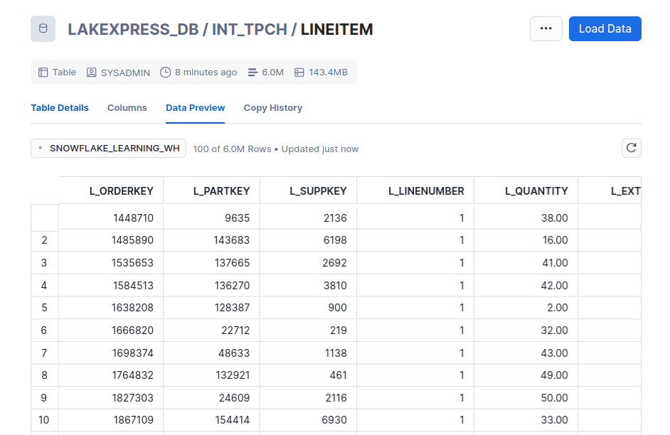 Data preview of the LINEITEM table in Snowflake showing the first 10 rows