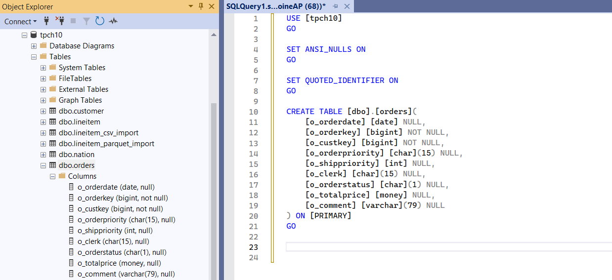 TPC-H orders create table